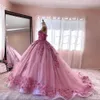 Pink Pretty Flowers Lace Beaded Quinceanera Dresses Off The Shoulder Princess Ball Gown Prom Evening Puffy Long Train Sweet 15 16 Dress For Girls Formal Wear