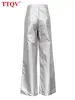 Damskie spodnie Pantsqv Srebrna skóra PU 2024 Eleganckie wysokie stałe spodnie sprężyna swobodna prosta pełna długość