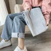 Calças de brim femininas outono engrossar quente pelúcia veludo feminino sólido solto reto perna larga inverno moda vintage calças jeans 30215
