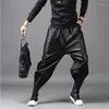 Stage Wear Moto Biker Faux Pantalon en cuir Hommes Joggers Harem Pantalon Taille élastique Poches à glissière Noir Streetwear Slim Fit Vêtements