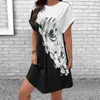 Casual Dresses Round Neck Floral Dress Flower Print Midi For Women Soft Pullover Kne Längd Spring Fall Fashion With Color Matching