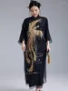 Vestidos casuales Estilo chino Hanfu Exquisito Phoenix Bordado para mujeres Retro Stand-up Collar Negro Elegante Fiesta suelta Midi Vestido