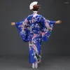 Scenkläder blå traditionella kvinnor satin kimono yukata med obi performance dance klänning japansk cosplay kostym blomma en storlek 715-17