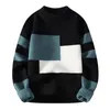 Мужские свитера с цветными блоками, свитер с цветными блоками, вязаный толстый теплый пуловер с круглым вырезом для осени и зимы, уличная одежда, круглый