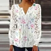 Kvinnors blusar Lace Tops Casual V Neck Lång ärm Solid Flower Print Womens and Elegant 2024 Spring Shirt for Women