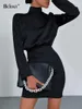 Casual Dresses Bclout Black Satin For Women 2024 Lace-Up Sexy Backless Party Dress Elegant Long Sleeve Stand Collar Mini Spring