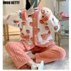 Women's Sleepwear Korean Pyjamas Warm Night Wear Strawberry Print Women Pajamas Set Winter Fleece Velvet 2 Pieces Home Suit Sleep Fluffy