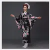 Scenkläder blå traditionella kvinnor satin kimono yukata med obi performance dance klänning japansk cosplay kostym blomma en storlek 715-17