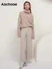 Women's Two Piece Pants Aachoae Elegant Solid Knitted Set Women Turtleneck Batwing Long Sleeve Loose Sweater Full Length Casual Wide Leg