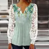 Kvinnors blusar Lace Tops Casual V Neck Lång ärm Solid Flower Print Womens and Elegant 2024 Spring Shirt for Women