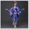 Scenkläder blå traditionella kvinnor satin kimono yukata med obi performance dance klänning japansk cosplay kostym blomma en storlek 715-17