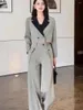 Women's Two Piece Pants Insozkdg Women Vintage Contrast Blazer Wide Leg Two-piece Set Commuting Solid Double Breasted Suit Professional Sets