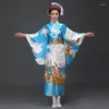 Scenkläder blå traditionella kvinnor satin kimono yukata med obi performance dance klänning japansk cosplay kostym blomma en storlek 715-17