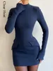 Sukienki swobodne kobiety elegancka ciemnoniebieska mini sukienka 2024 Autumn Sexy Pockets Bodycon Bodycon Bodycon Lady Stand Collar Party Club Club szat