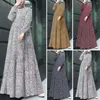 Lässige Kleider, atmungsaktives Abaya-Rundhalskleid, Vintage-Punktdruck, Maxi mit O-Langarm, für Damen, lockerer A-Linien-Stil, großer Saum