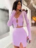 wsevypo Women Two-piece Knitted Ribbed Skirt Suit Casual Long Sleeve Button down Crop Tops and Short Wrap Skirt Matching Sets 240129