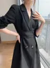カジュアルドレス女性春秋のファッション韓国のミディブラックドレス長袖エレガントなAラインパーティーベスティドスメスアウトウェア服