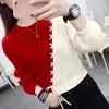 Kadın Sweaters Sonbahar Kış Moda Trendi Dantel Yuvarlak Yuvarlak Boyun Giysileri Kore Uzun Kol Kontrast Renk Örgü Üstler