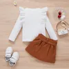 Ensembles de vêtements 1-8Y enfants filles automne vêtements ensemble bébé couleur unie à manches longues à volants côtelé hauts en tricot ceinturé mini jupes enfants tenues