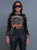 Koszule damskie czarne kobiety Hipster seksowne o długim rękawie szczupły zbiór szczupłej topy graficzne koszulki Hip Hop Streetwear