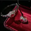 Halsbandörhängen Set Garnet Ruby Armband Antikpläterad kopparmetall Lady Carmine Zircon Flower Ring smycken Tillbehör för kvinnor