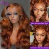 Dark Ginger 13x6 Transparent spets frontal peruk för kvinna brun kroppsvåg front för plucked brasiliansk remy hår 240130