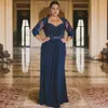 Navy Blue Vintage Mother Of The Bride Dresses 3/4 Sleeves Beaded Lace Pleated Chiffon Mother's Dresses For Arabic Black Women Wedding Guest Outfit Gowns AMM049