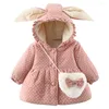 Daunenmantel für Babys, Mädchen, Pufferohren, Kapuze, Fleece, warme Winterjacke, Kleinkinder, Kinder, Baumwolle, gesteppt, Oberbekleidung mit Tasche