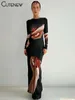 Casual Dresses Cute Women's Elegant Printed O-Neck Patchwork Maxi Dress Full Long Sleeves Body Shaping Robe Lady Evening Atrire Wear Vestidos