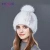 Funyfur women's Fur Cap Real Mink Fur Hat with Fur pompomkinittemint mink hat