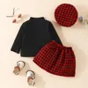 衣料品セットフォーカスノーム0-3yファッション女の女の子の服3pcs長袖リブ付きソリッドトップハンドトゥース格子縞のスカートハット
