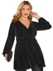 Plus la taille élégante printemps automne cache-coeur femmes à manches longues sexy col en v noir paillettes chemisier ceintures taille grande taille vêtements 7XL 240201