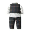 Kledingsets Lente Peuter Jongens Geruite kleding Baby Formeel Feestkostuum Vest Shirt Broek 3-delig Baby Kinderen Herfst Bovenkleding Set 1-7 jaar