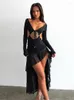 Robes décontractées BOOFEENAA Volant Découpé Asymétrique Dos Nu Longue Pour Femme 2024 Sexy Night Club Outfit Robe De Soirée Noire C85-CI30