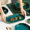 Plates 8PCS Ceramic Dinner Set Dishes Steak Dessert Plate Green Dinnerware For Family El Kitchen