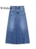 Jupes Willshela Femmes Mode Denim Bleu Front Zipper Midi Jupe Vintage Taille Haute Femme Chic Lady Longue