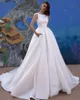 A Elegant Simple Satin Line Wedding Dresses with Pocket White Boho Garden Beach Bridal Gowns Sweep Train Sexy Backless Bride Robes De Mariee Plus Size CL3275
