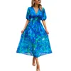 カジュアルドレス2024女性の夏のドレスのファッションと快適な半袖Vネックパターン花柄のプリントビーチ