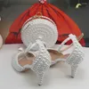 Sandales Mode Blanc Perle Bout Ouvert Chaussures De Mariée Poisson Été Femme Bride À La Cheville Boucle Sac De Fête De Mariage Talon Mince