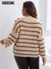 GIBSIE Plus Size Drop Shoulder Button Detail Striped O-Neck Sweater Women Autumn Winter Korean Loose Knitted Jumper Female 240202