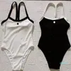 Designer dameszwemkleding gebreid ééndelig badmode sexy zwart en wit tweekleurig uitloper strandpak hoge luxe bikini diamantsteek