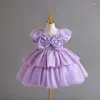Flickaklänningar 2024 födelsedagsdop för barn stor båge kungliga lila klänning barn elegant bollklänning flickor boutique party vestidos