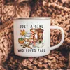 Tassen „Just A Girl Who Love Fall“, bedruckt, kreative Emaille-Kaffeetassen, Urlaub, Party, Wein, Saft, Henkel, Tasse, Thanksgiving-Geschenke