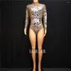Stage Wear Sparkly Gold Strass Mirror Body Sexy Nightclub Bar Dance Body Performance Donna Cristalli Collant Costume