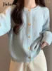 Women's Knits Jielur Light Blue Sweet Soft Sweater Knitting Female Cardigan Basic Simple O-neck Office Ladies Fashion Slim Women