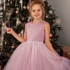 Stylish Dustyrose Flower Girl Dresses for Wedding Satin Birthday Party Dresses for Little Girls Bows at Back Tiered Tulle Pearls Decorate Bridal Gowns NF097