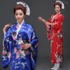 Scenkläder blå traditionella kvinnor satin kimono yukata med obi performance dance klänning japansk cosplay kostym blomma en storlek 715-17