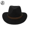 FS 2020 Ladies Winter Cotton Black Vintage Trible Felt Fedora Hat For Men Wide Brim Cowboy Style With Leather Belt Jazz Cap257V