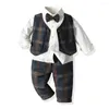 Kledingsets Lente Peuter Jongens Geruite kleding Baby Formeel Feestkostuum Vest Shirt Broek 3-delig Baby Kinderen Herfst Bovenkleding Set 1-7 jaar