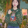 Kvinnors tröjor Saythen 2024 Kvinnor Autumn Winter Knitwear O-hals Forest Flower Cartoon Cat Patch Color Contrast Sweater Pullover